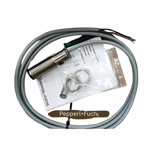 Pepperl+Fuchs cylindrical metal industrial sensor with long gray cable and mounting accessories on white background