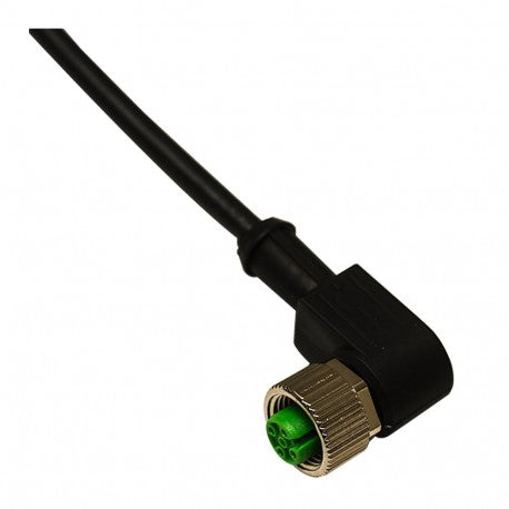 Right-angle female M12 4-pole industrial connector with green inserts and black PVC cable