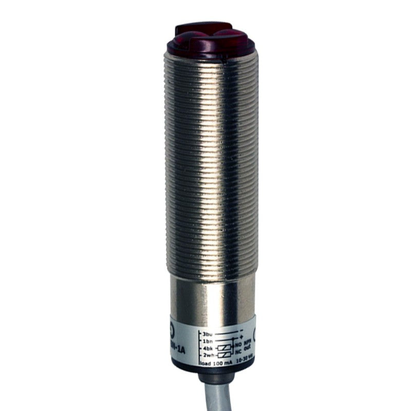 Cylindrical metallic photoelectric sensor with ribbed body and black cable for industrial automation