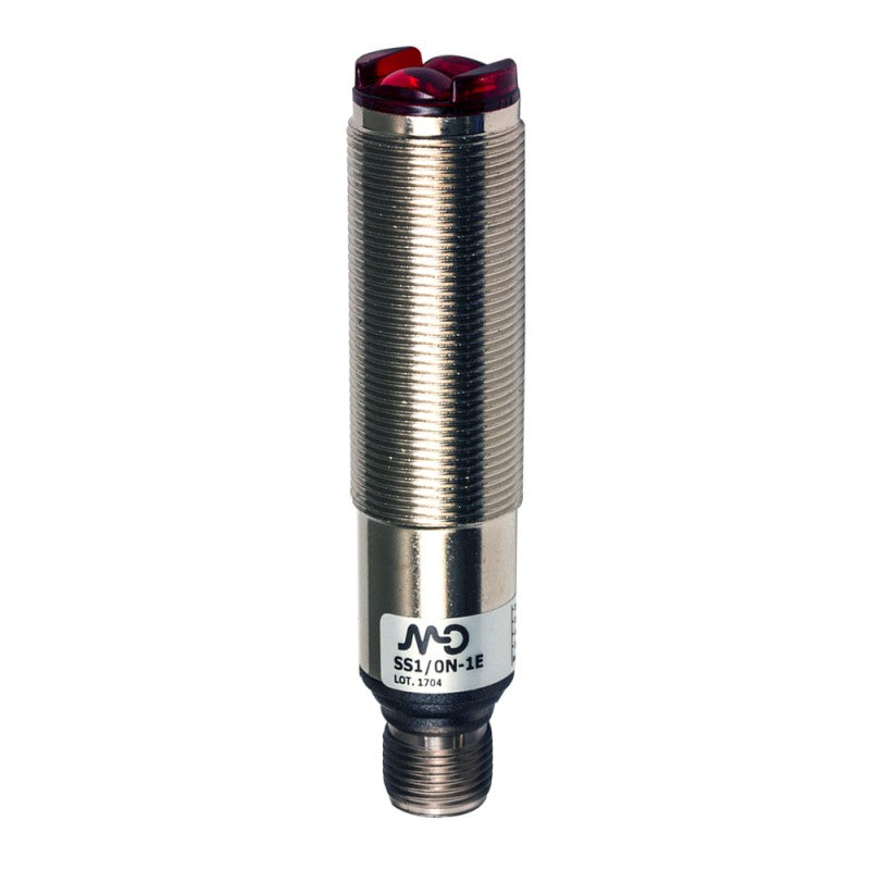 Metal cylindrical photoelectric sensor SS1/0N-1E with threaded body and red sensor lens, M12 plug