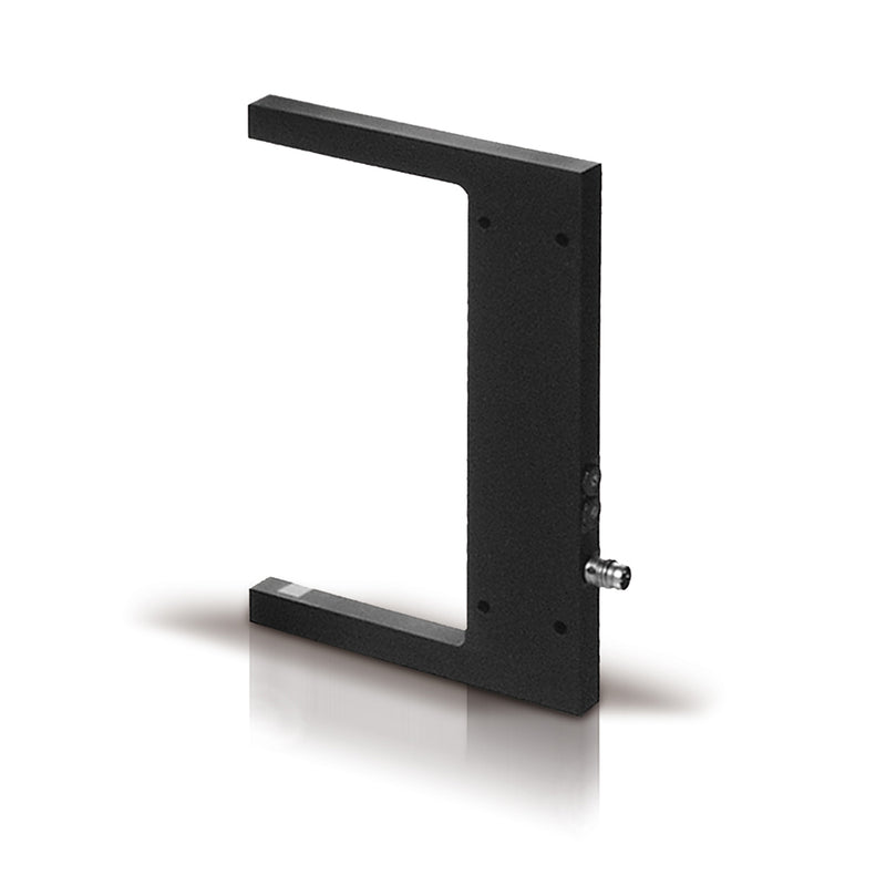 Black rectangular industrial sensor with open center and side connector for manufacturing automation
