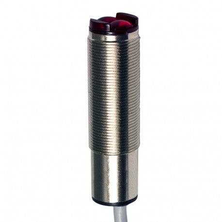 Metal cylindrical photoelectric sensor with red lens and attached cable for industrial automation