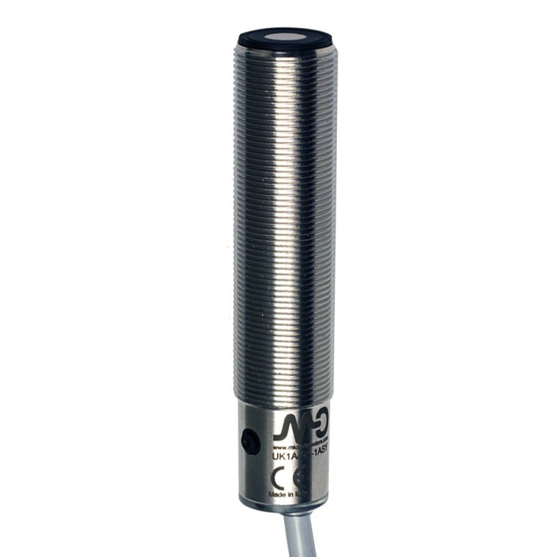 M18 ultrasonic sensor with metallic threaded body, cable, and teach-in button for industrial use