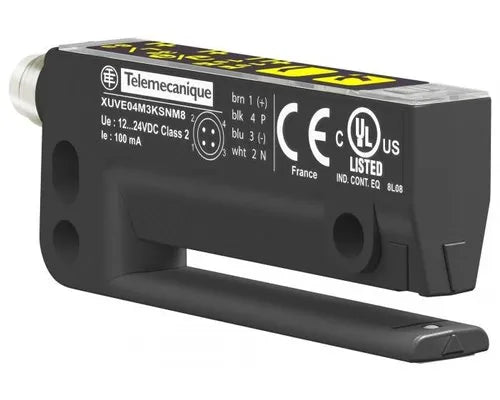 Telemecanique industrial sensor XUVE04M3KSNM8 with 12-24V DC power, black rectangular design
